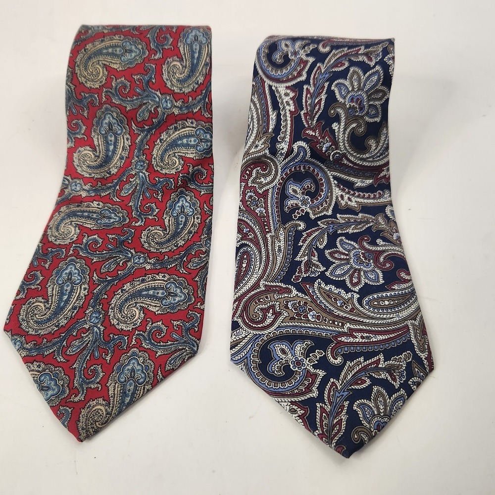 Lot of 2 Stafford Mens Silk Ties Red Navy Blue Paisley Classic Premium Neckties